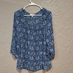 Banana Republic Blue and White Smocked Blouse with Bib Collar SizeM